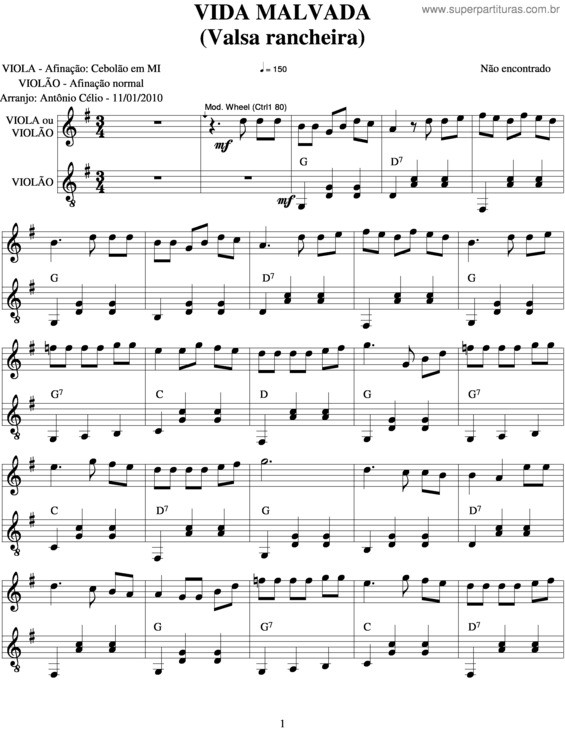 Partitura da música Vida Malvada