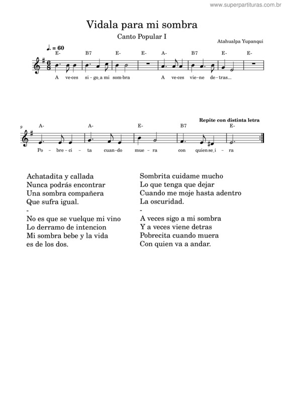 Partitura da música Vidala Para Mi Sombra – Anónimo