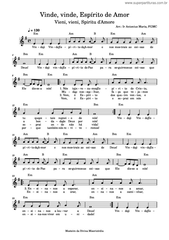Partitura da música Vieni, Vieni, Spiritu D`Amore – Mons. Marco Frisina Vinde,_Vinde,_Espírito_De_Amor