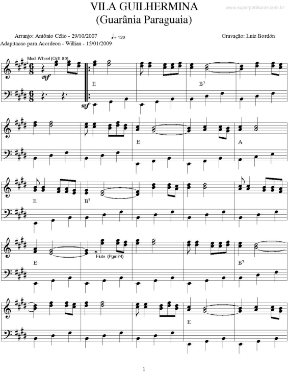 Partitura da música Vila Guilhermina