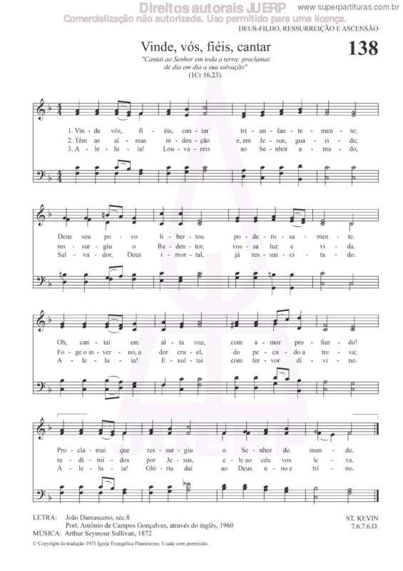 Partitura da música Vinde , Vós, Fiéis, Cantar - 138 HCC v.2