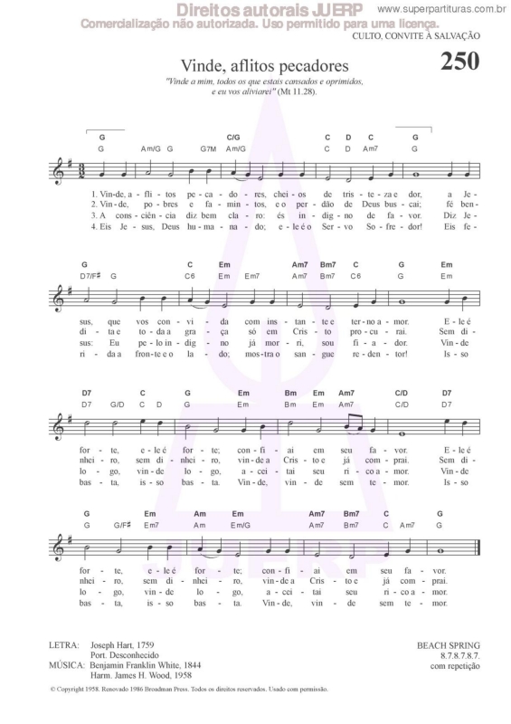 Partitura da música Vinde, Aflitos Pecadores - 250 HCC