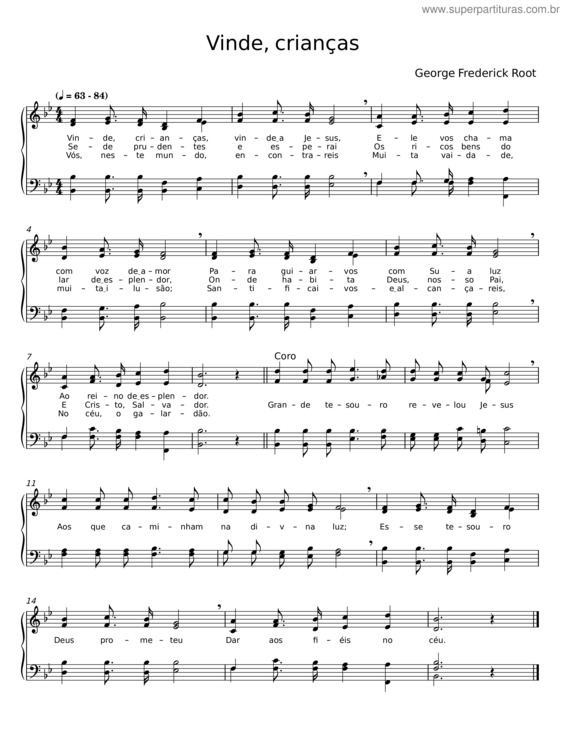 Partitura da música Vinde, Crianças – George Frederick Root