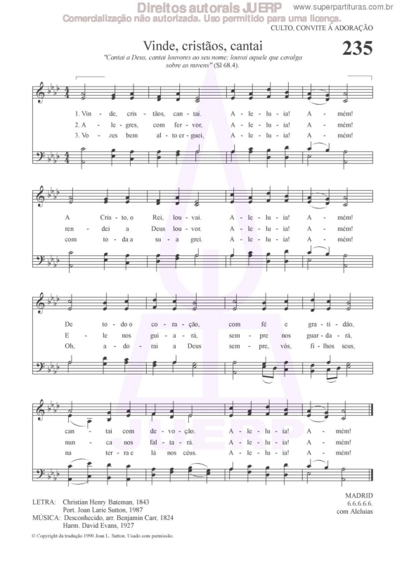 Partitura da música Vinde, Cristãos, Cantai - 235 HCC v.2