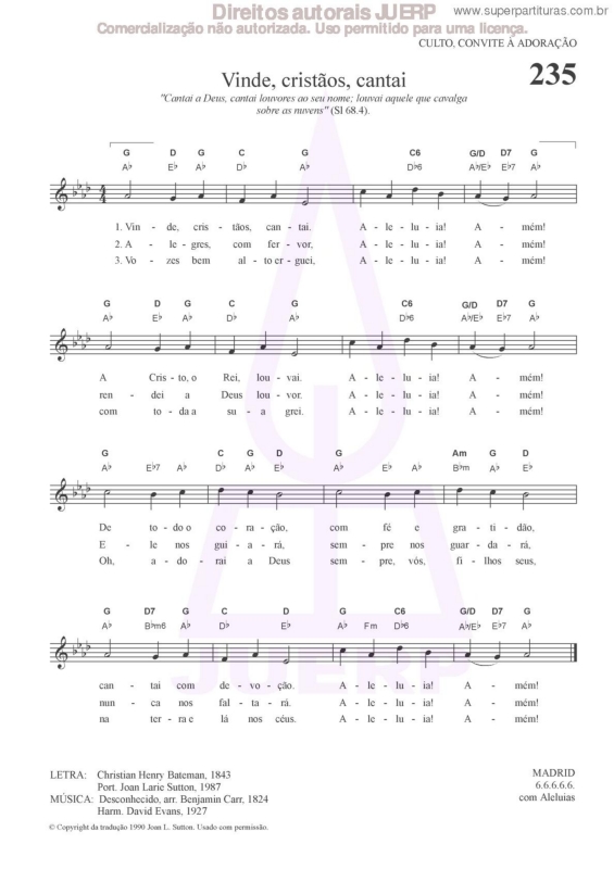 Partitura da música Vinde, Cristãos, Cantai - 235 HCC