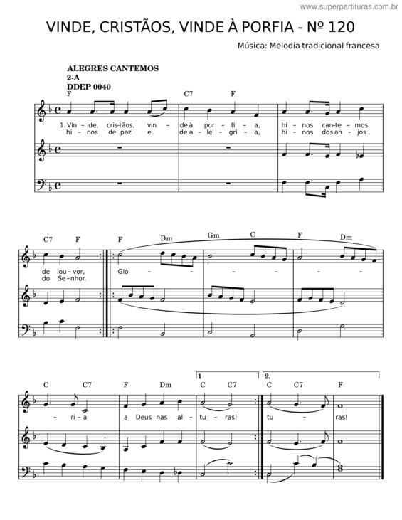 Partitura da música Vinde, Cristãos, Vinde À Porfia