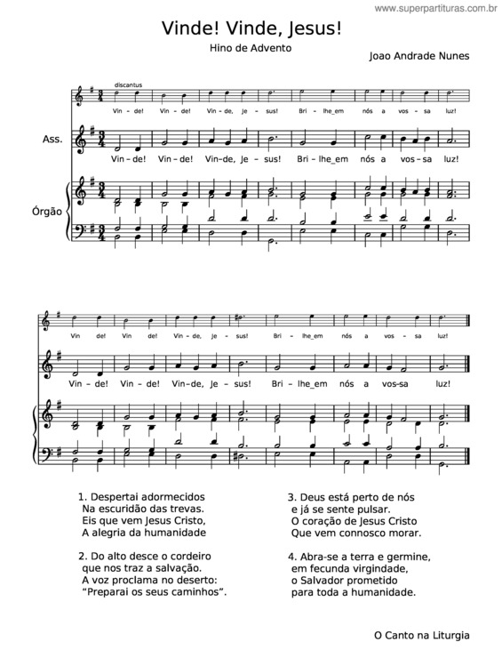 Partitura da música Vinde! Vinde, Jesus – João Andrade Nunes
