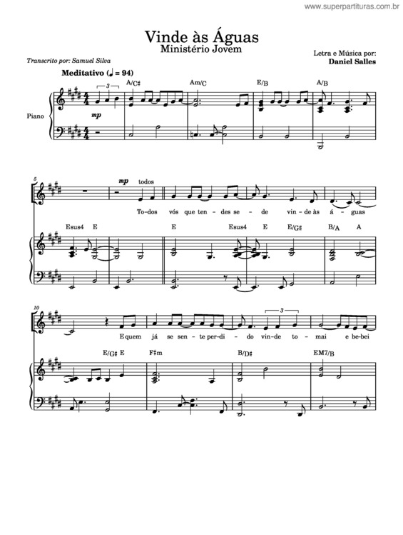 Partitura da música Vinde Às Águas – Daniel Salles
