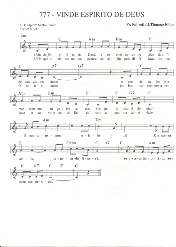 Partitura da música Vinde Espírito de Deus