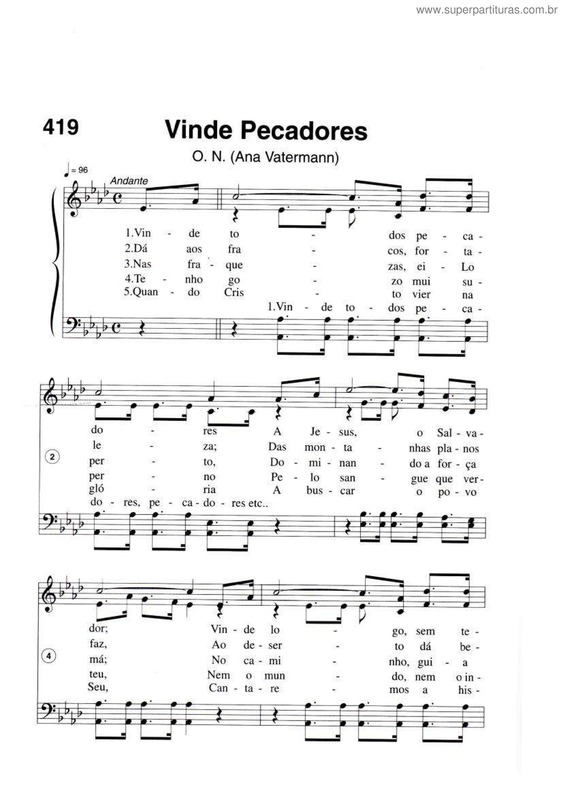 Partitura da música Vinde Pecadores