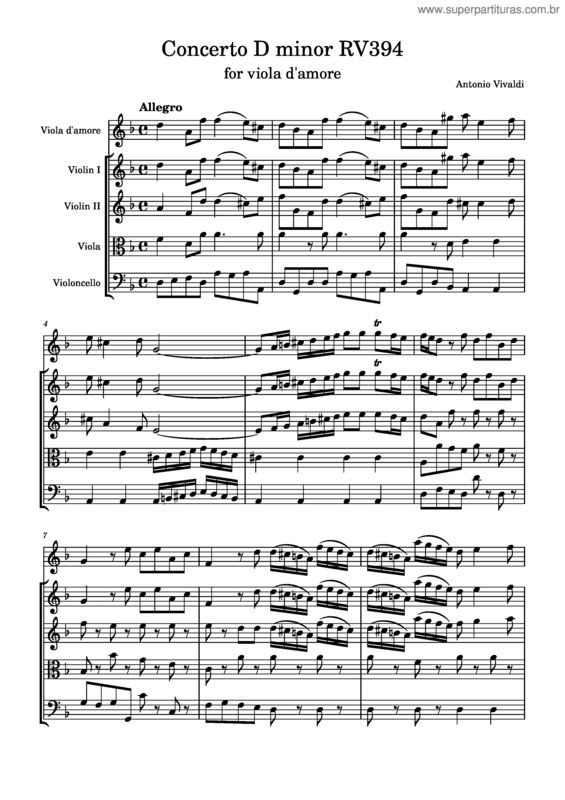 Partitura da música Viola D`Amore Concerto In D Minor, Rv 394 – Antonio Vivaldi Vivaldi – Concerto D Minor Rv394 For Viola D`Amore And String Orchestra
