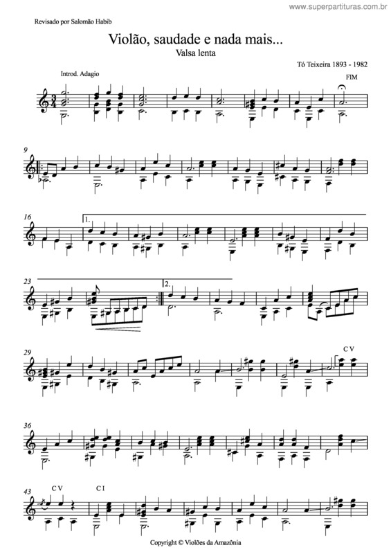 Partitura da música Violão, saudade e nada mais...