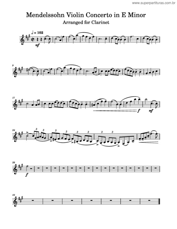 Partitura da música Violin Concerto, Op.64 – Felix Mendelssohn Mendelssohn Violin Concerto In E Minor For Clarinet