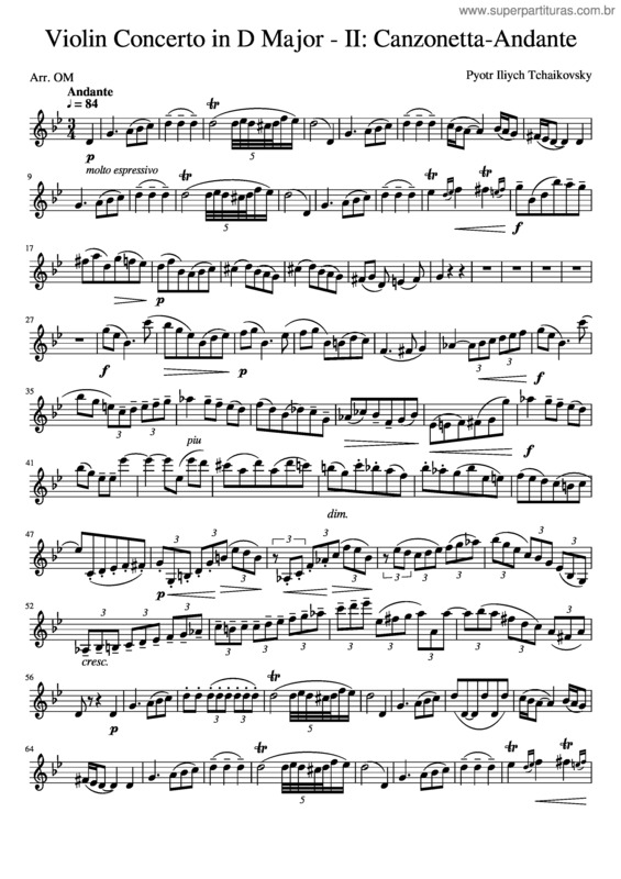 Partitura da música Violin Concerto In D Op.35 – Ii– Canzonetta–Andante – P.I. Tchaikovsky