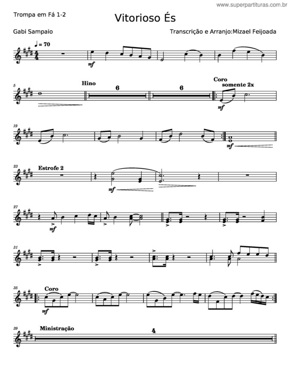 Partitura da música Vitorioso És – Gabi Sampaio