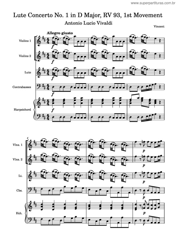 Partitura da música Vivaldi – Lute Concerto No. 1 In D Major, Rv 93, 1St Movement