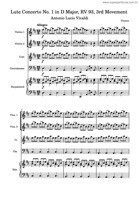 Partitura da música Vivaldi – Lute Concerto No. 1 In D Major, Rv 93, 3Rd Movement