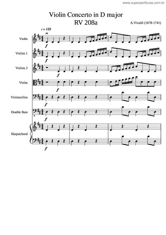 Partitura da música Vivaldi Concerto For Violin In D Rv208a