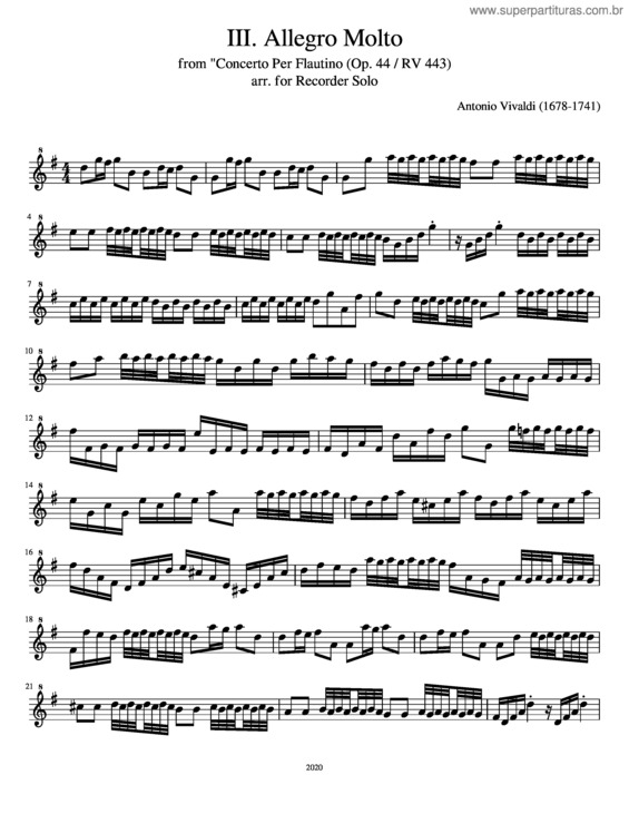 Partitura da música Vivaldi Concerto Per Flautino Iii. Allegro Molto