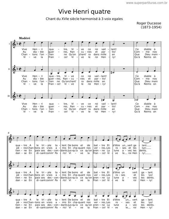Partitura da música Vive Henri Quatre – Roger Ducasse