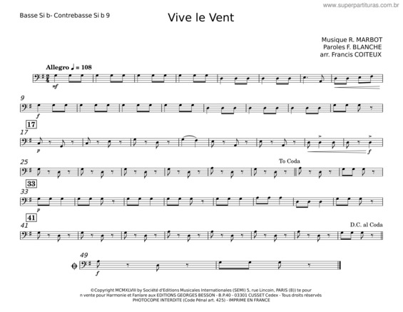 Partitura da música Vive Le Vent – R. Marbot
