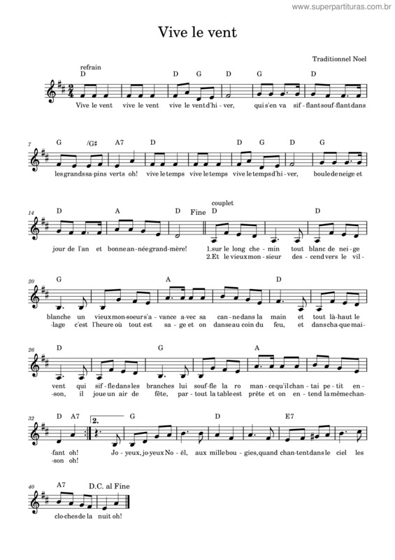 Partitura da música Vive Le Vent– 1Vx + Paroles – Traditional French Noel