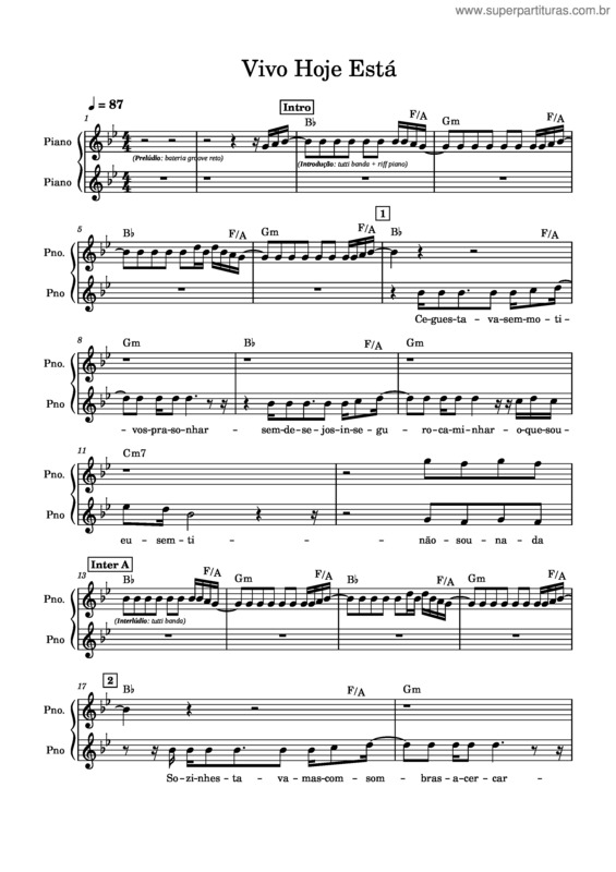 Partitura da música Vivo Hoje Está – Canto Cifrado – Bb – 87Bpm – 4–4