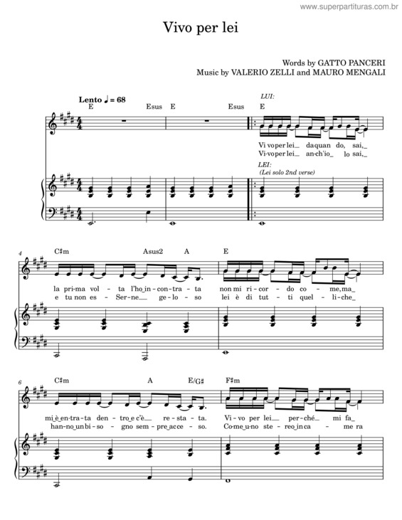 Partitura da música Vivo Per Lei – Gatto Panceri