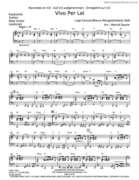 Partitura da música Vivo Per Lei – Luigi Panceri;Mauro Mengali;Valerio Zelli