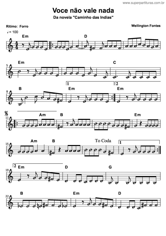 Partitura da música Você Não Vale Nada (Caminho das Índias)