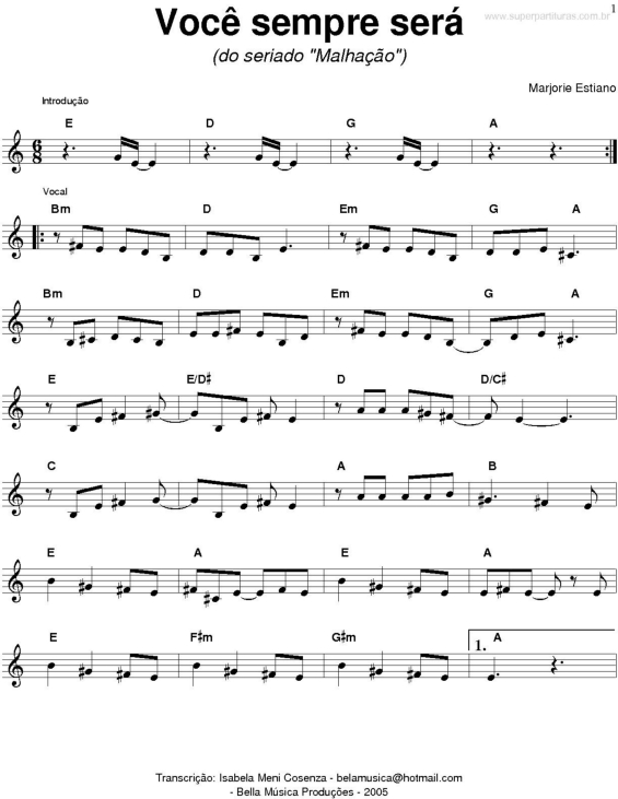 Partitura da música Você Sempre Será (Malhação)