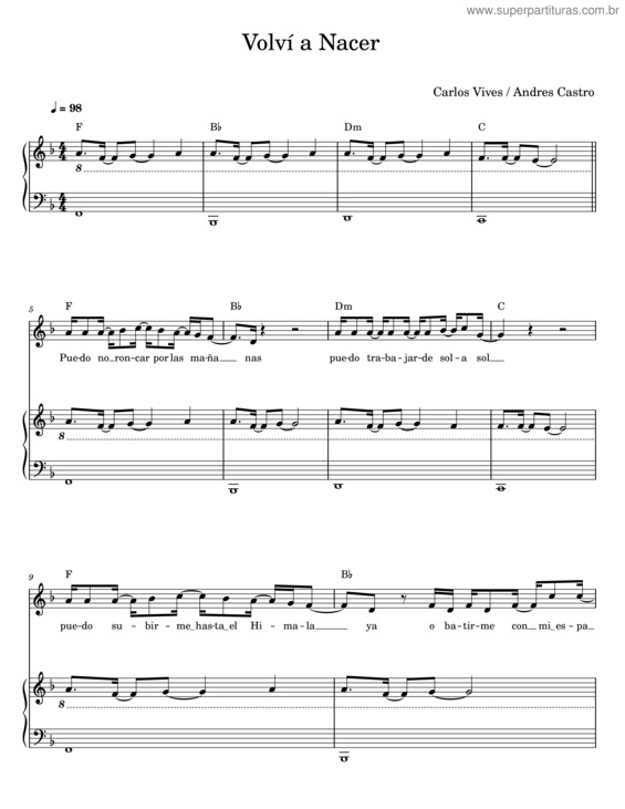 Partitura da música Volvi A Nacer – Carlos Vives v.3