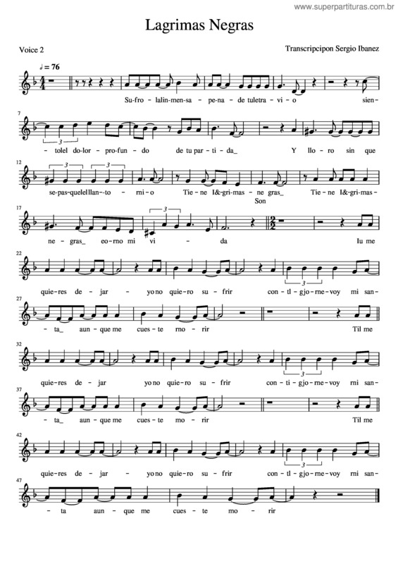 Partitura da música Voz 2 – Lágrimas Negras