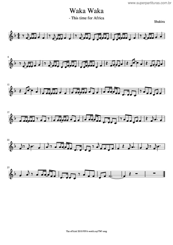 Partitura da música Waka Waka This Time For Africa – Shakira Waka Waka