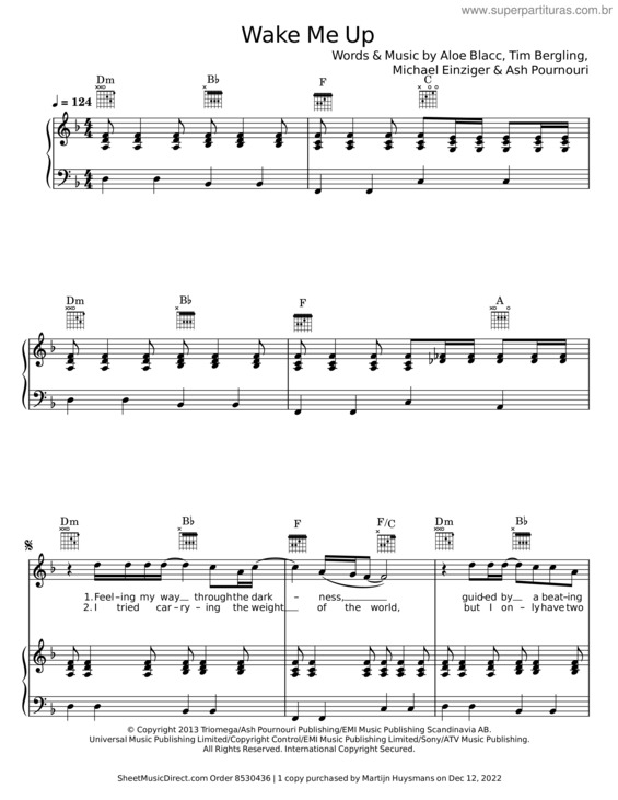 Partitura da música Wake Me Up – Aloe Blacc