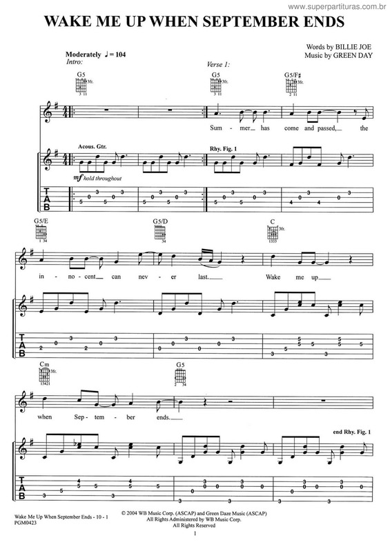 Partitura da música Wake Me Up When September Ends V.3