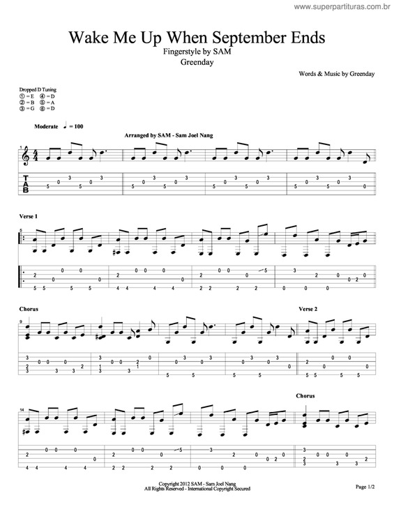 Partitura da música Wake Me Up When September Ends V.6