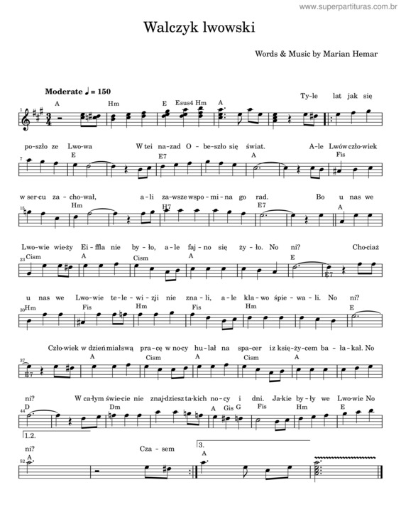 Partitura da música Walczyk Lwowski – Marian Hemar