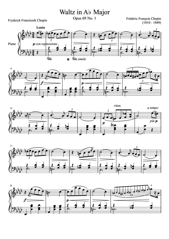 Partitura da música Waltz Opus 69 No. 1 In A Major