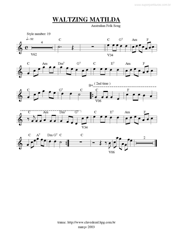 Partitura da música Waltzing Matilda