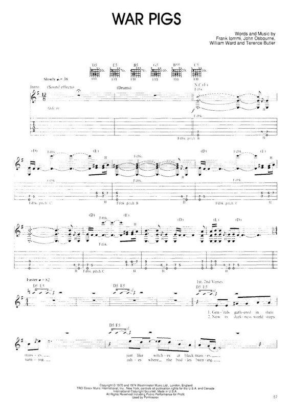 Partitura da música War Pigs