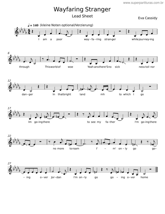 Partitura da música Wayfaring Stranger – Eva Cassidy v.2
