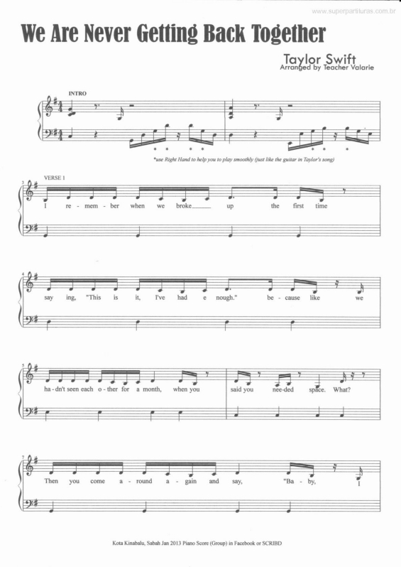 Partitura da música We Are Never Getting Back Together