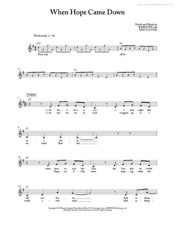 Partitura da música When Hope Came Down