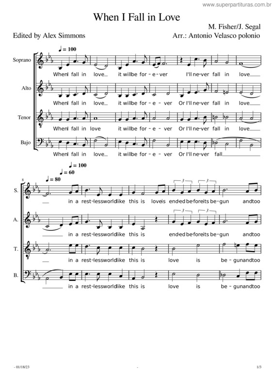 Partitura da música When I Fall In Love – Nat King Cole, Victor Young Satb