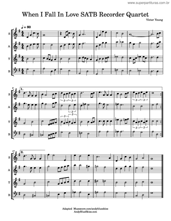 Partitura da música When I Fall In Love Satb Recorder Quartet – Victor Young