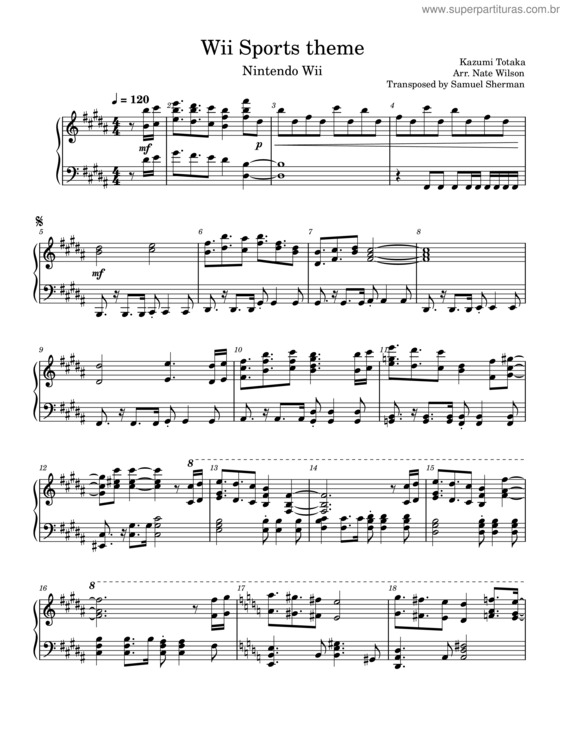 Partitura da música Wii Sports Theme – Kazumi Totaka , Arr. Nate Wilson, Transposed