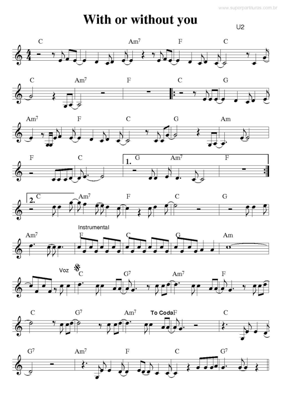 Partitura da música With or Without You v.2