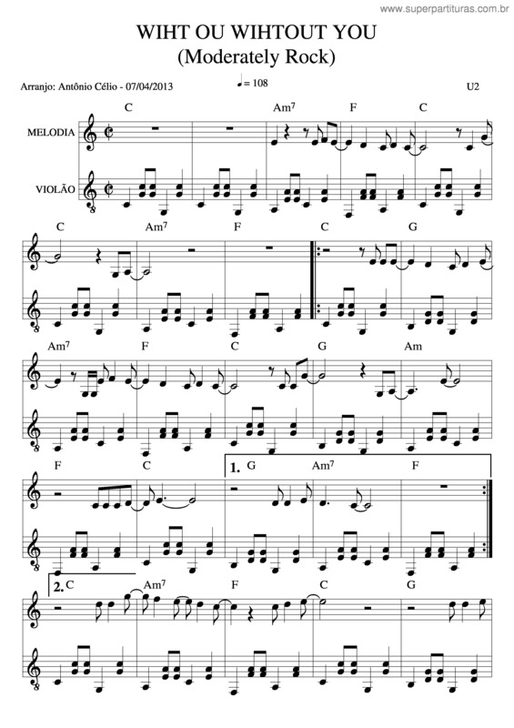 Partitura da música With Or Without You v.3