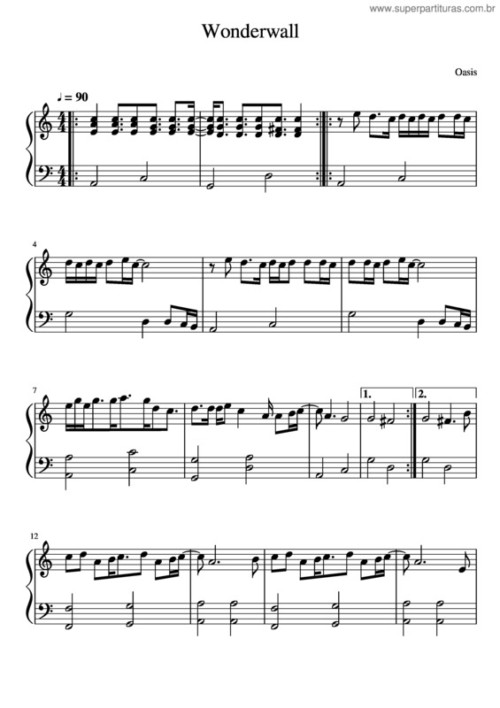 Partitura da música Wonderwall Oasis Piano
